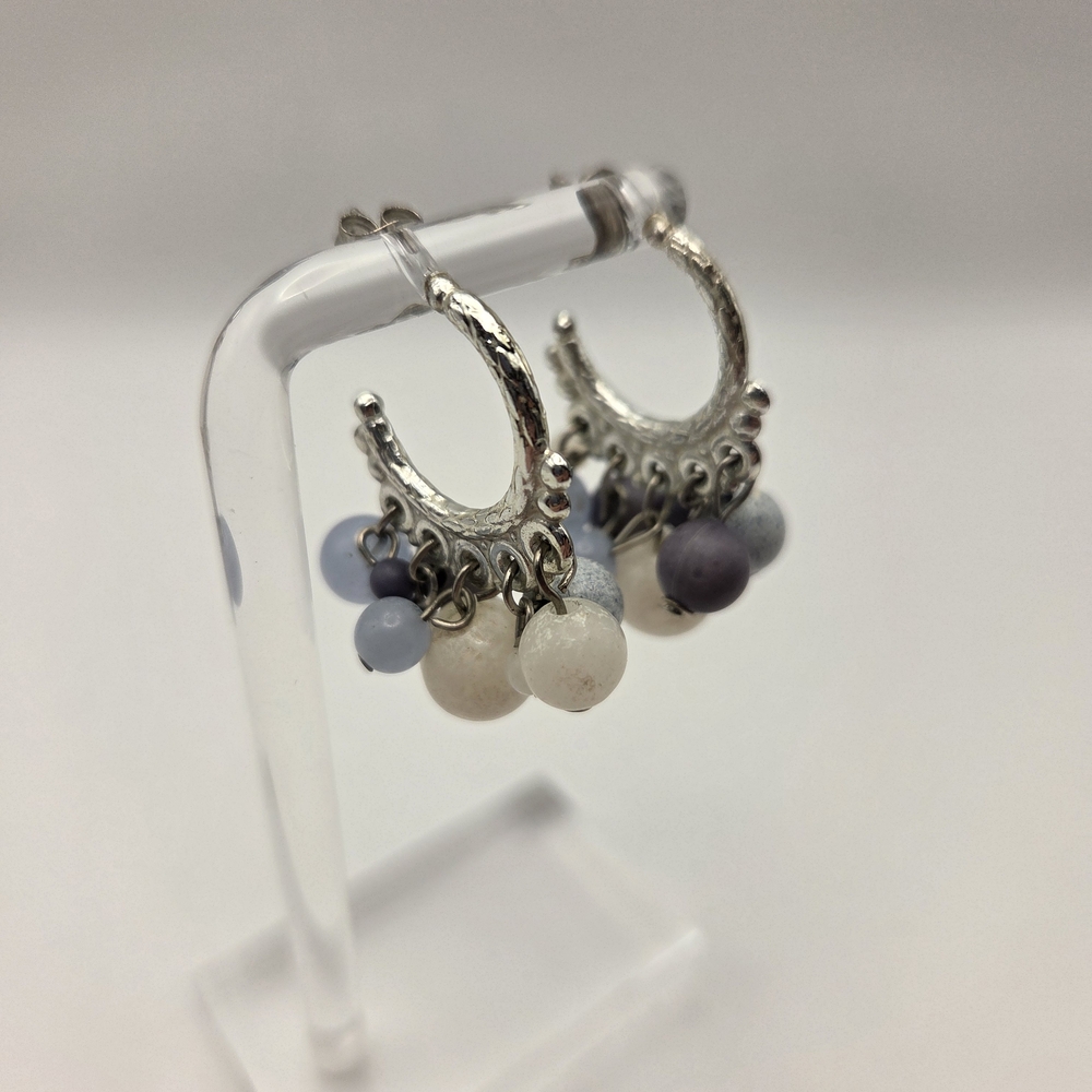Silver Tone Earrings With Blue And White Beads